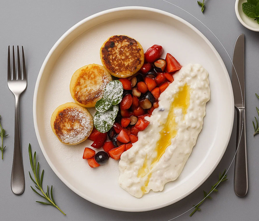 Cottage cheese pancake with caramelized oats, seasonal fruits and berries