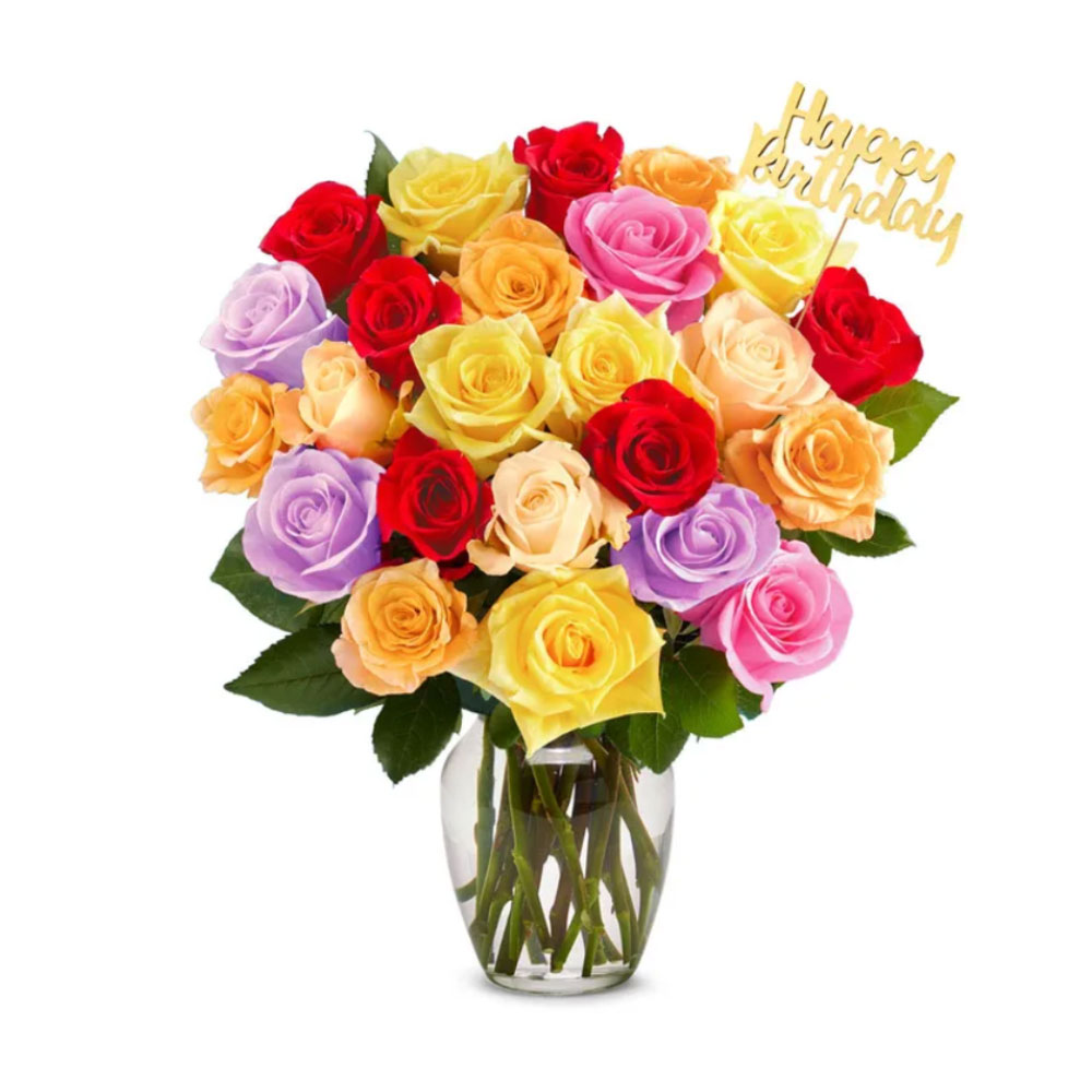Խառը գույներով վարդերով ծաղկեփունջ Happy bday գրվածքով (51 հատ, 50 սմ)
