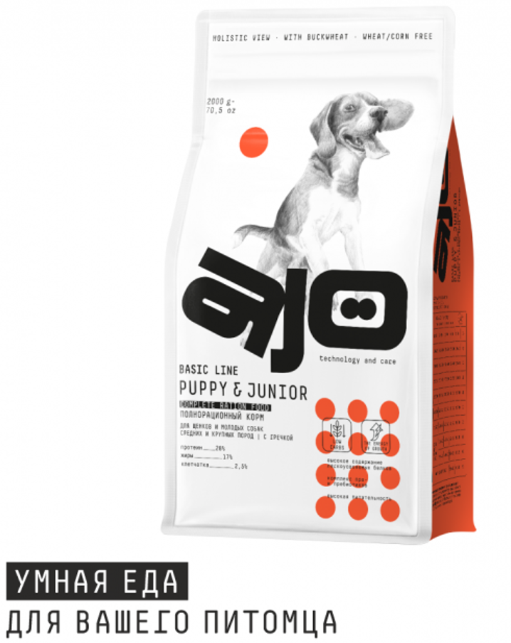 AJO Dog PUPPY & JUNIOR Dry complete food with buckwheat for puppies and young dogs of medium and large breeds, 2 kg packaging