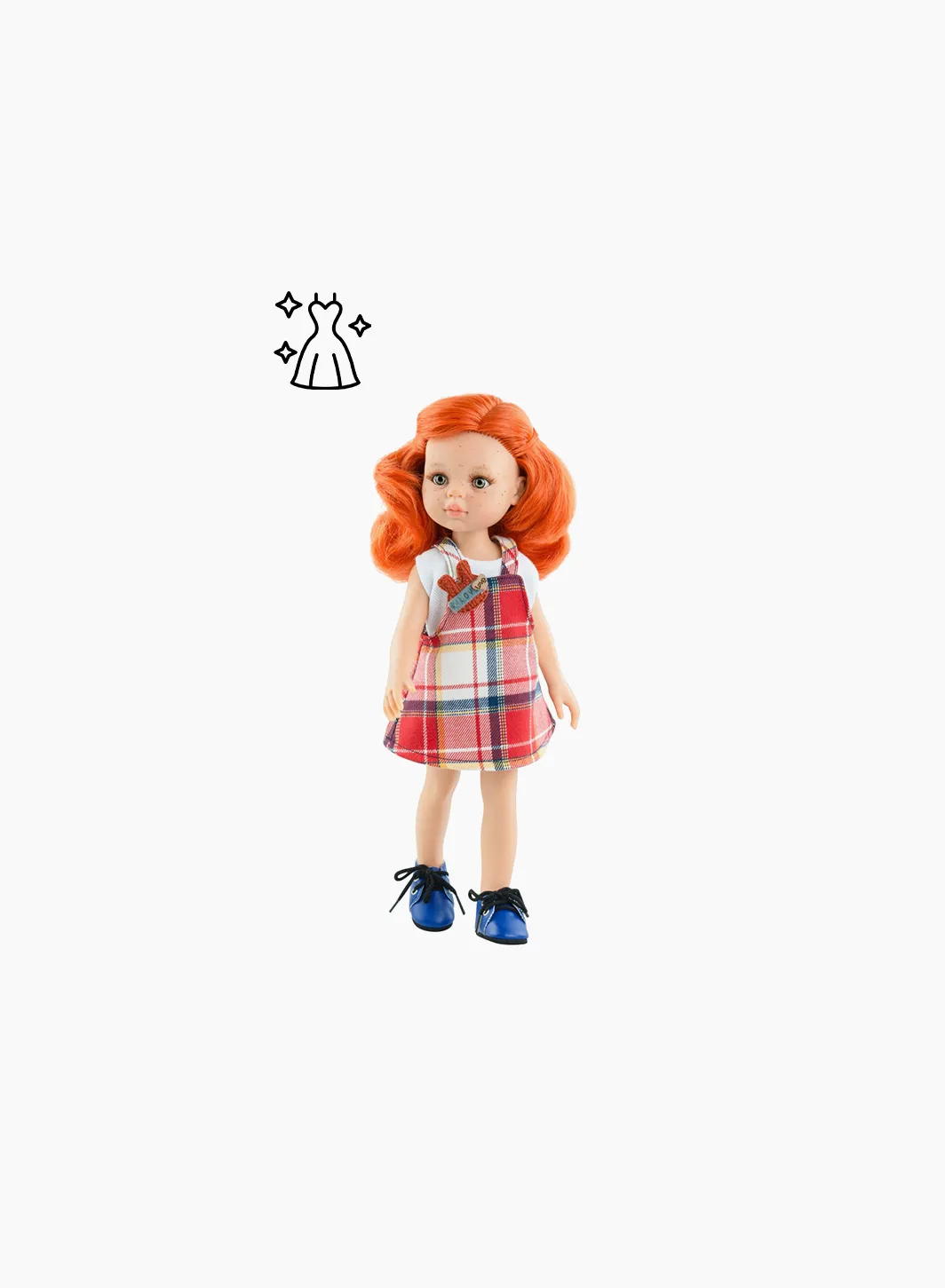 Paola Reina T-shirt and sundress in a checkered pattern with a badge for 32 cm dolls