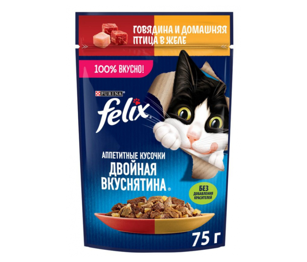 Կատվի խոնավ կեր ժելե Felix Տավարի միս և թռչնամիս 75գ