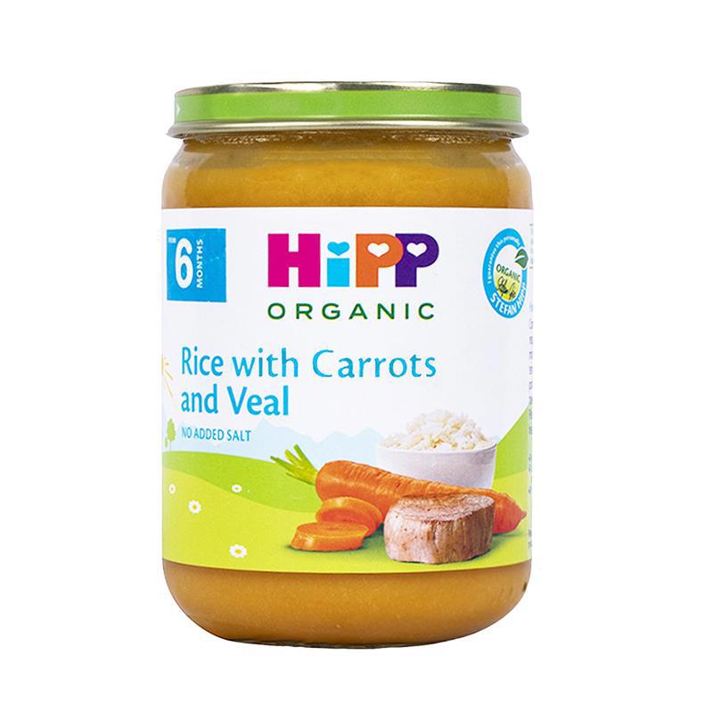 Puree "Hipp" rice-carrot-veal, gluten and salt free 6m 190g