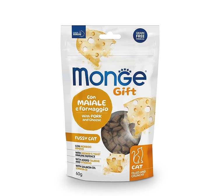 Monge Gift Treat բարձիկներ խոզի մսով և պանիրով ​​կատուների համար, 60 գ