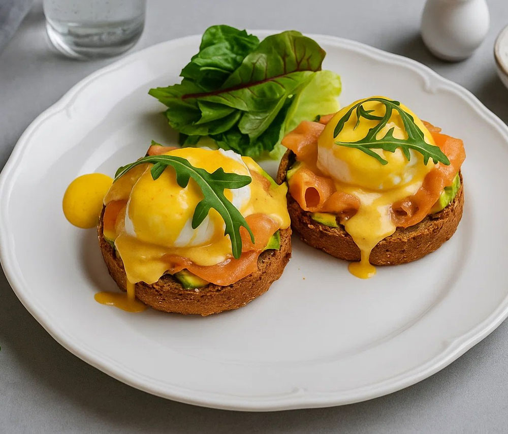 Benedict with avocado and salmon