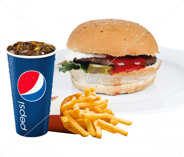 Համբուրգեր + կարտոֆիլ ֆրի + զովացուցիչ ըմպելիք «Pepsi» Queen Burger