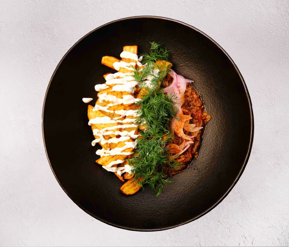 Homestyle beef on a bed of strips