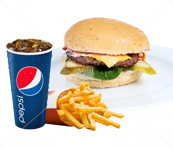 Չիզբուրգեր + կարտոֆիլ ֆրի + զովացուցիչ ըմպելիք «Pepsi» Queen Burger