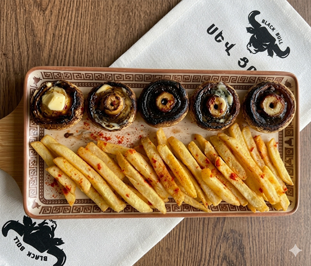 Grilled mushrooms with French fries