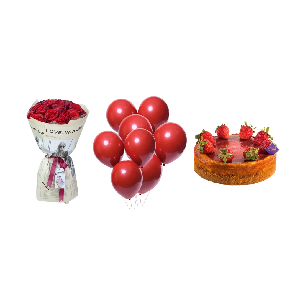 Gift Set RED BIRTHDAY with red bouquet roses, balloons and cake