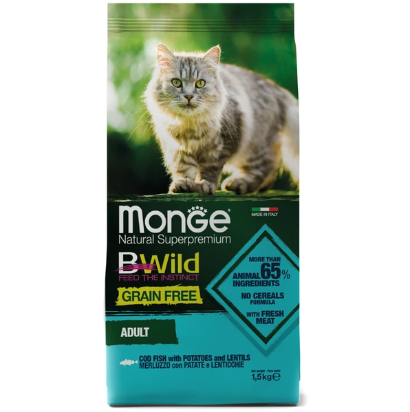 Monge Bwild Dry food with cod and potatoes for adult cats, 1.5 kg