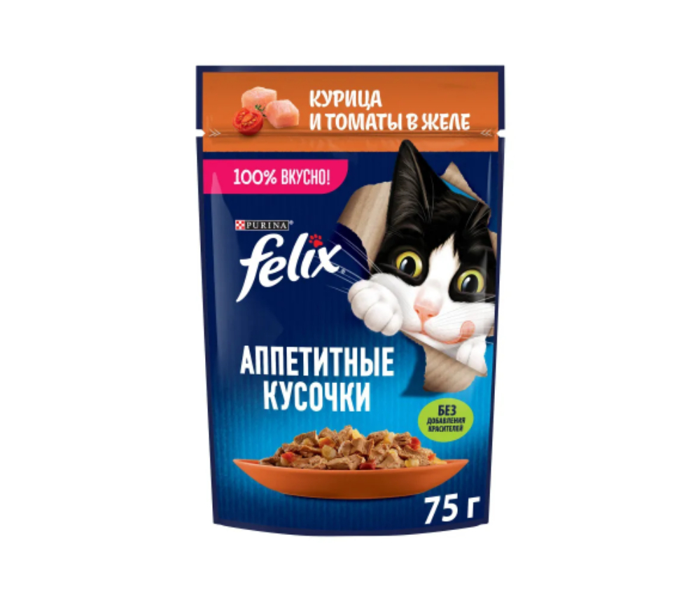 Կատվի խոնավ կեր ժելե Felix Հավ և լոլիկ 75գ